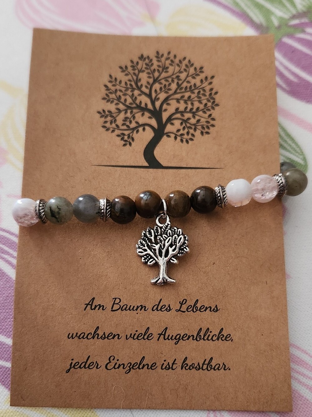 Tree of Life Beaded Stretch Bracelet - Brown and Pink